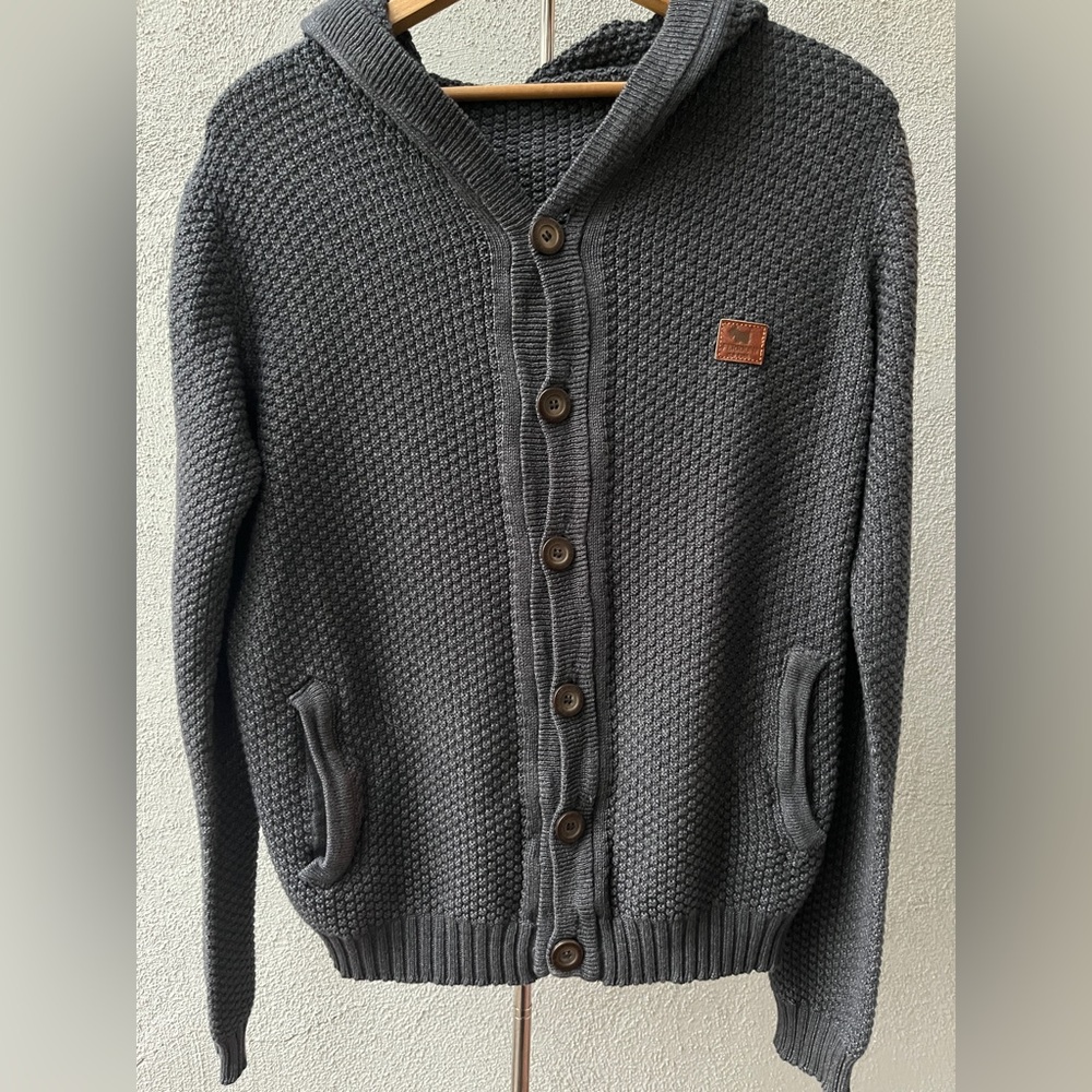 Men's Ferrioni Charcoal Gray Hooded Cardigan Sweater with Button Front M